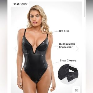 Popilush NWT Deep V-Neck Leather Shapewear Thong Bodysuit